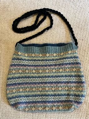 2/$15 Handmade Blue Patterned Knit Wool Shoulder or Crafting Bag Lightweight